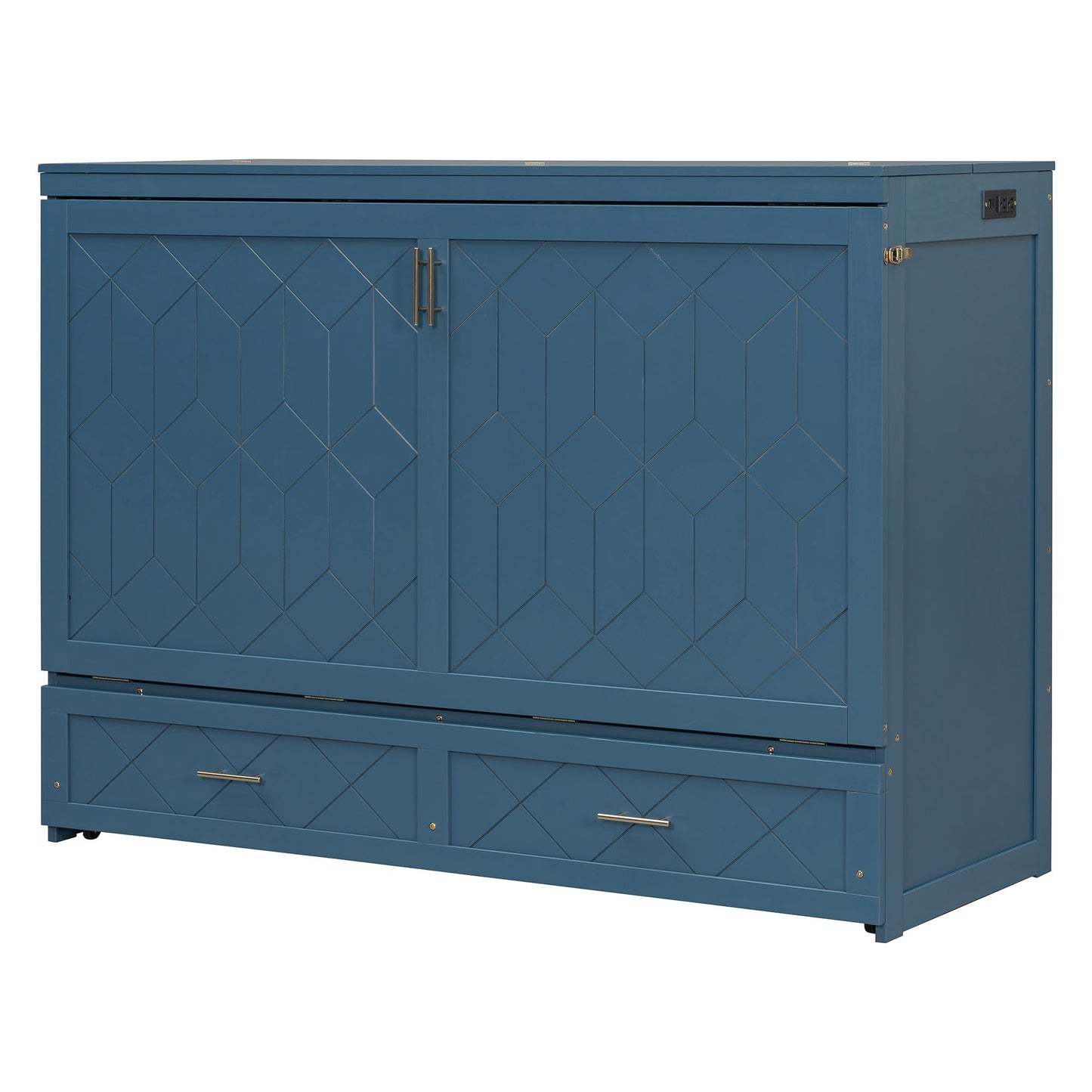 Queen Size Murphy Bed Wall Bed with Drawer and Sockets and USB Ports, Navy Blue