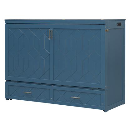 Queen Size Murphy Bed Wall Bed with Drawer and Sockets and USB Ports, Navy Blue