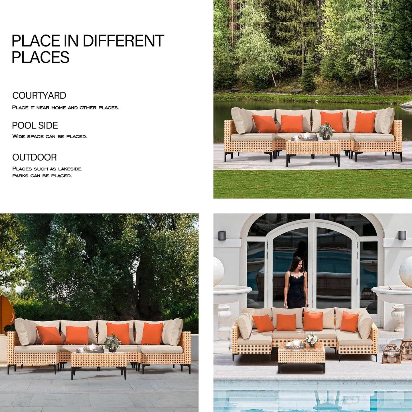5 Piece Outdoor Patio Set Salmon Orange Wicker Sectional