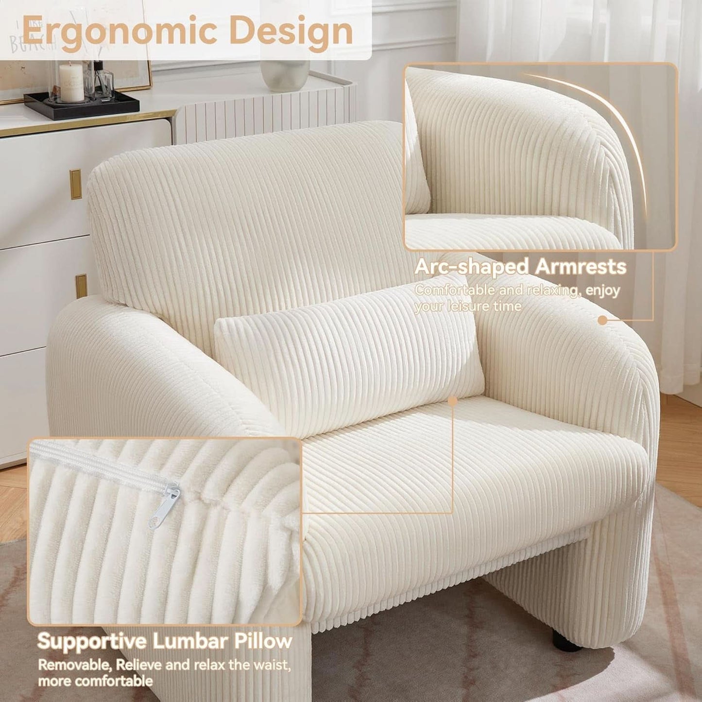 Corduroy Upholstered Accent Chair White Lumbar Pillow