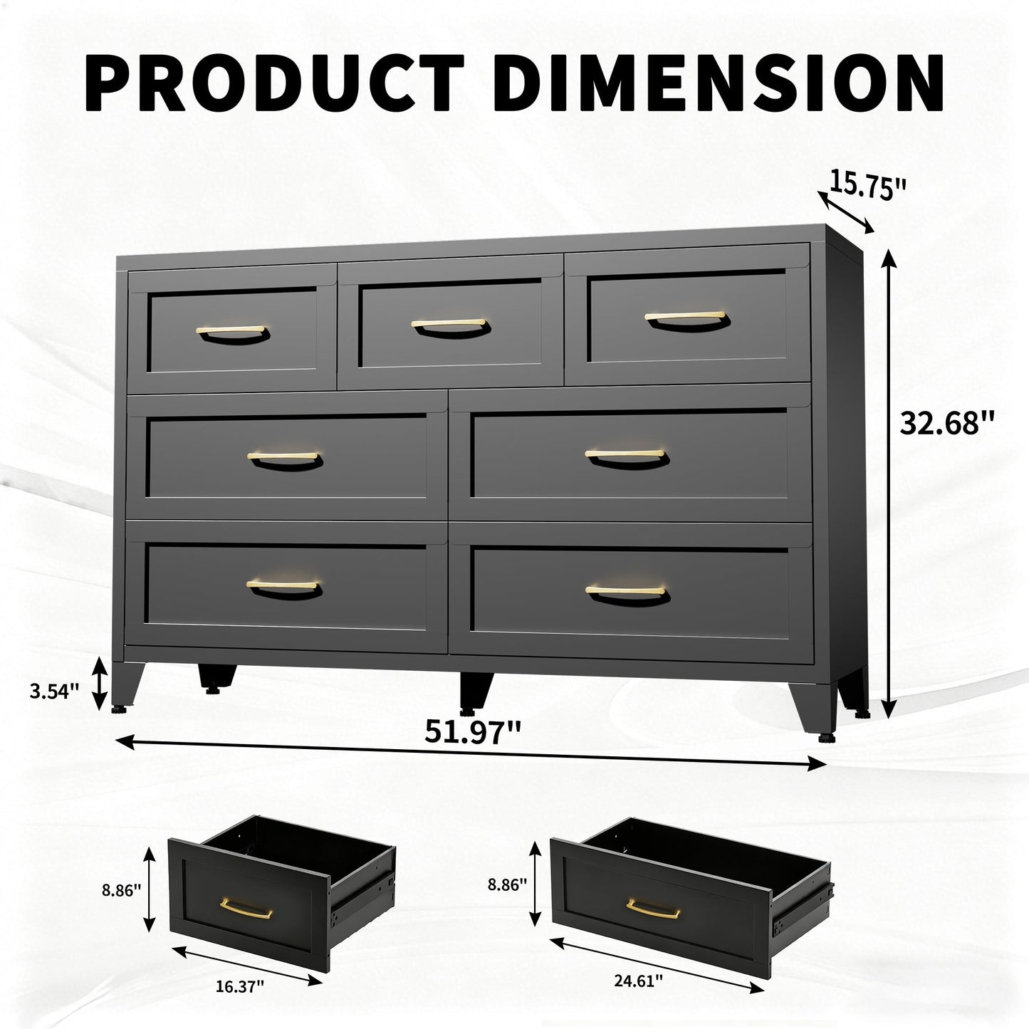 Dresser Low-Profile 7-Drawer Black Steel Smooth Glide 47.3x15.8x30.8 In
