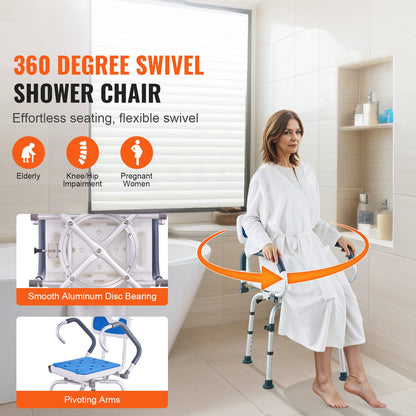 Shower Chair 360 Degree Swivel Aluminum 400 LB Pivoting Arms Adjustable
