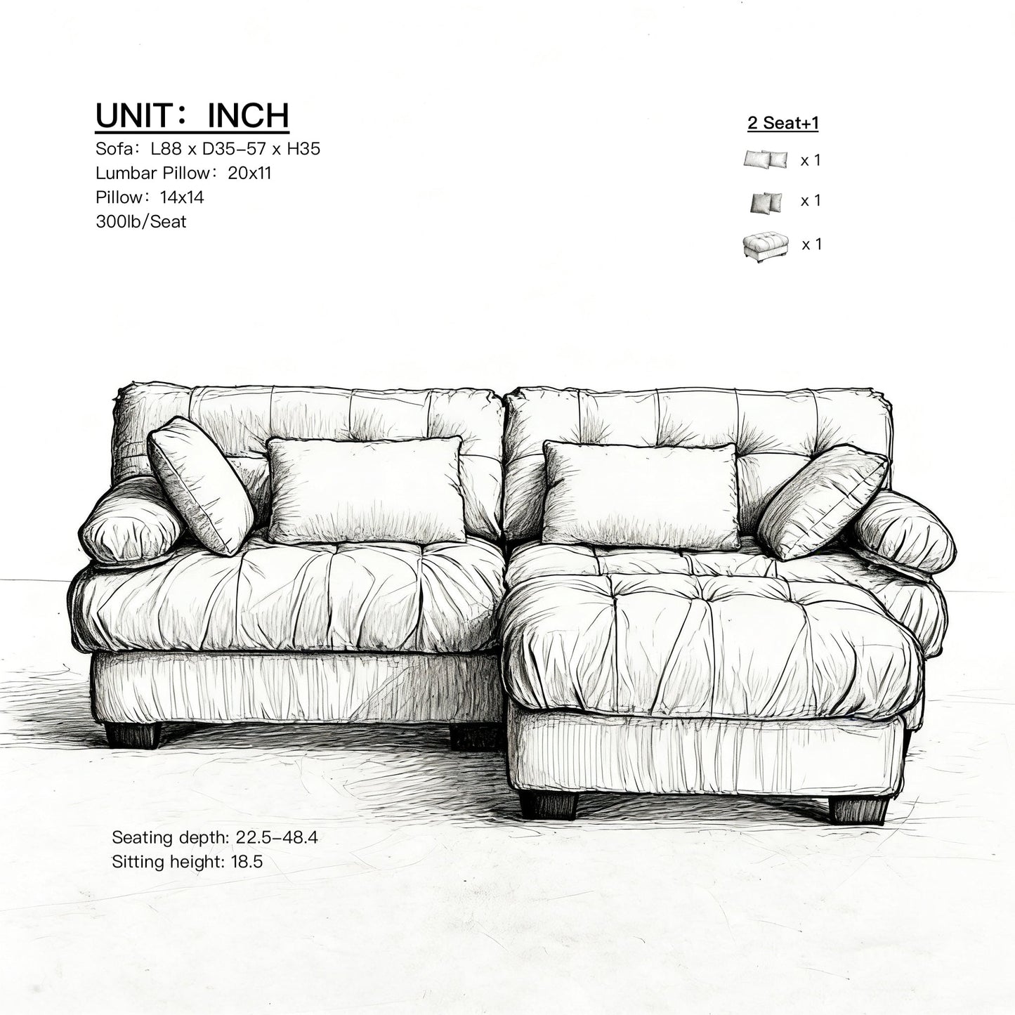 Sectional Sofa L-Shape Cloud Flannelette Beige 3 Seat 88 In 4 Pillows