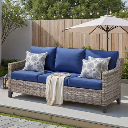 73.2 in Outdoor Patio Sofa, 3-Seat Gray Rattan Couch with Blue Cushions