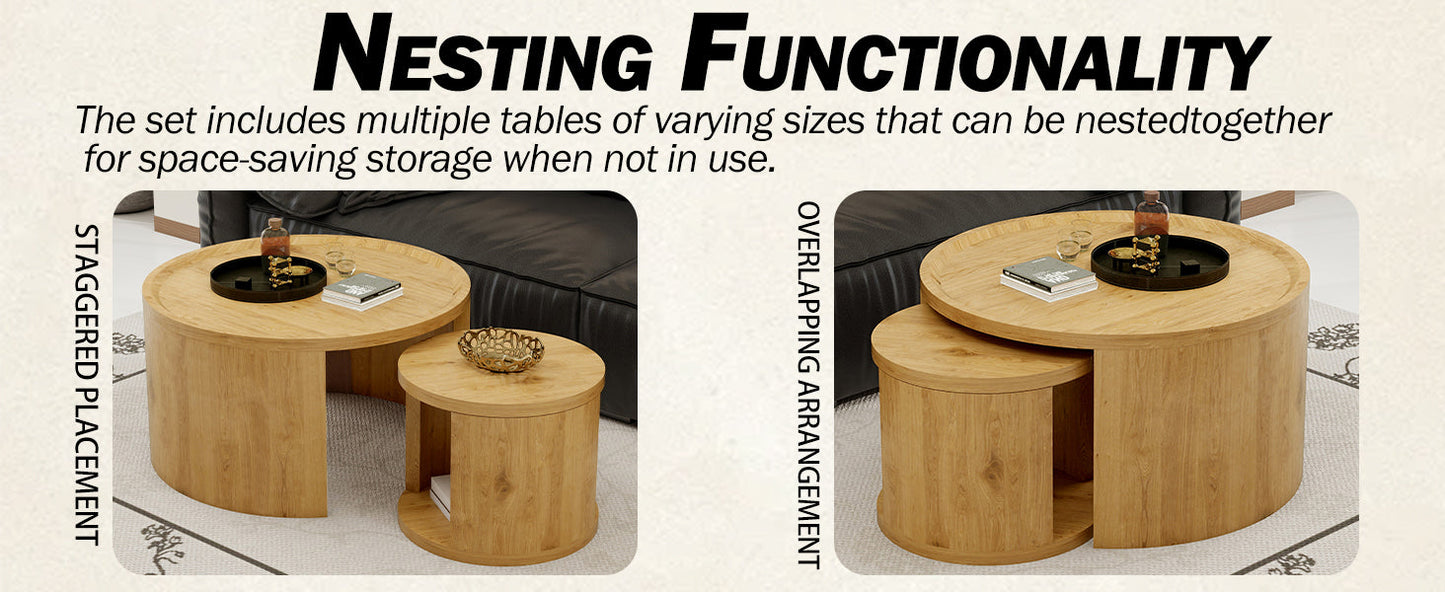 Round Nesting Coffee Table Set of 2, 31.5 and 18 in, Wood Top, Living Room