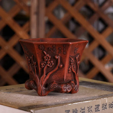 Purple Sand Plum Blossom Bonsai Pot – Carved Traditional Chinese Planter