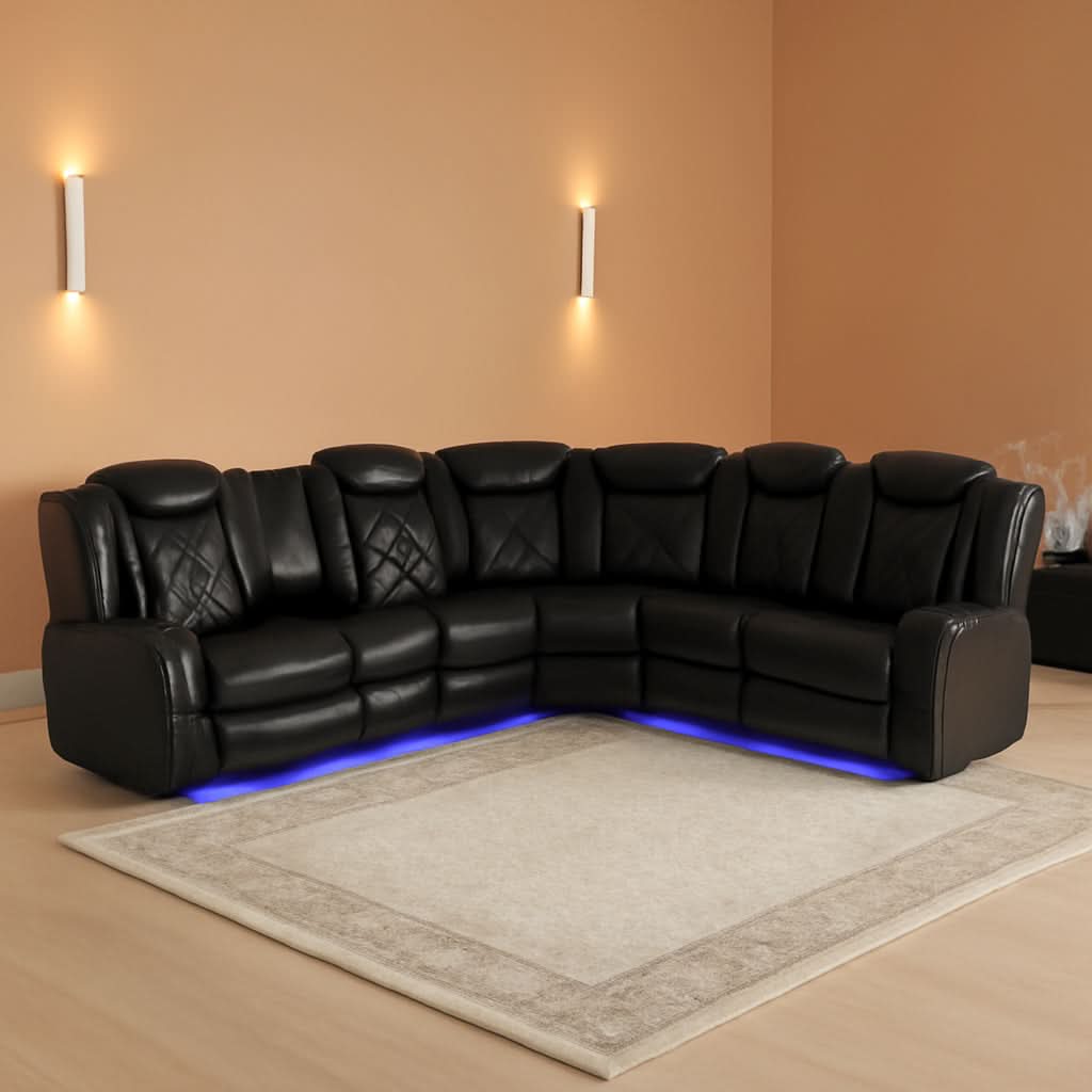 Power Recliner Sectional Sofa Black With LED Lights