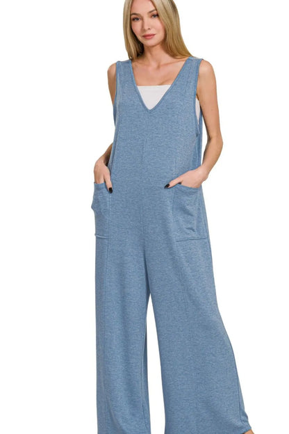 Zenana French Terry Deep V Neck Jumpsuits