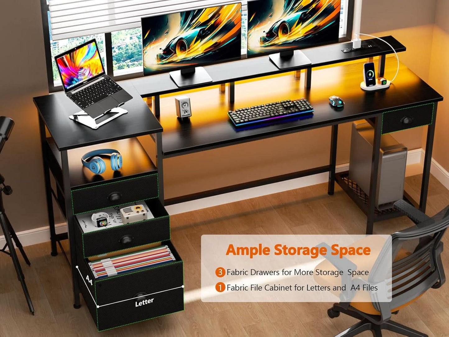 Black 60 Inch Computer Desk With 4 Drawers And Led Lights