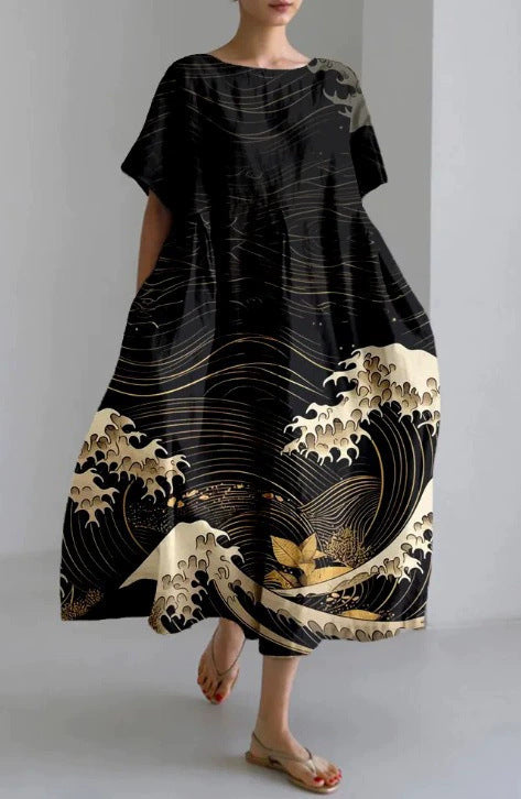 3D Digital-Print Short-Sleeve Casual Dress