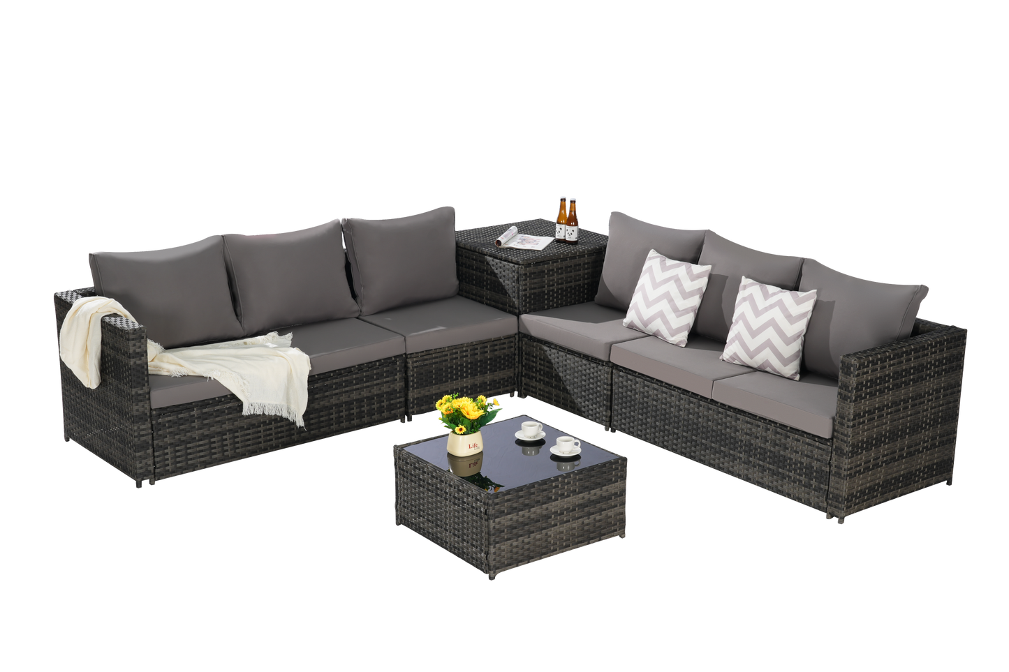 Outdoor Sectional Set PE Rattan Steel Dark Gray L-Shape 6 Piece Seats 8