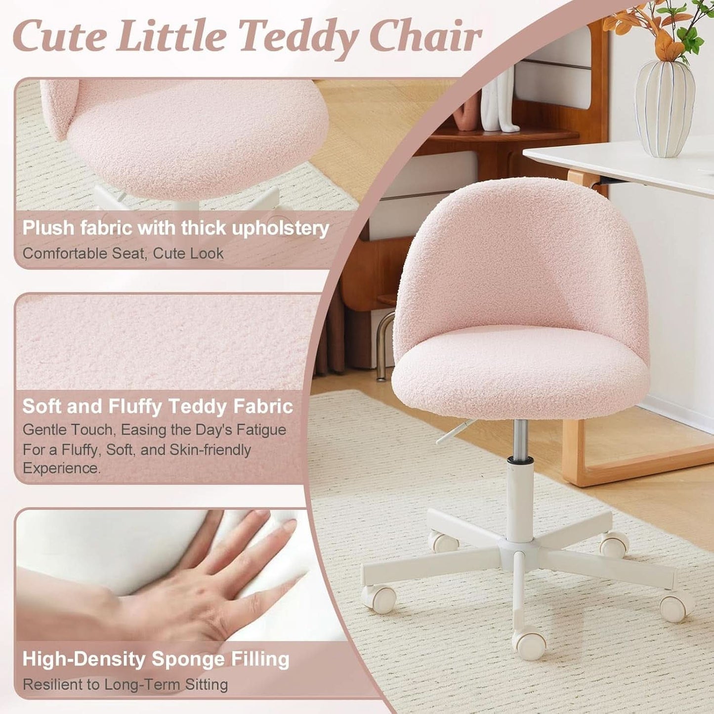 Pink Teddy Desk Chair With Lumbar Support And Wheels