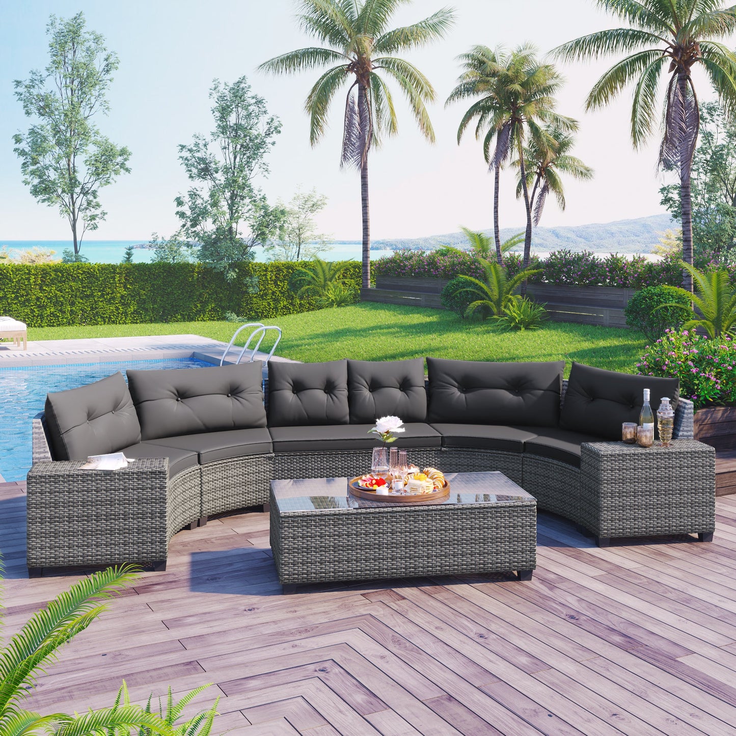 Outdoor Sectional Set PE Wicker Steel Gray Half Moon 8 Piece 250 LB