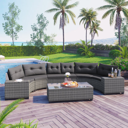 Outdoor Sectional Set PE Wicker Steel Gray Half Moon 8 Piece 250 LB
