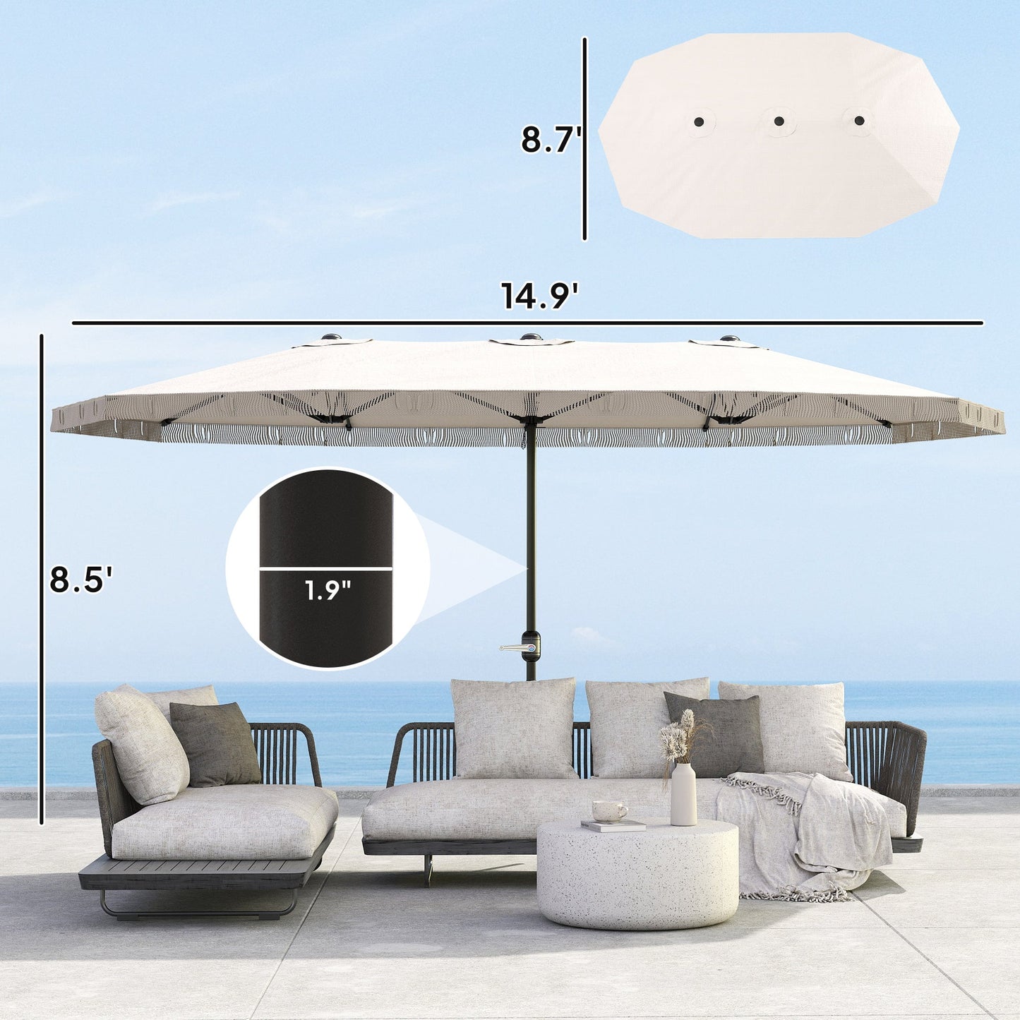 Patio Umbrella Rectangle 15 ft Crank UPF30 Cream