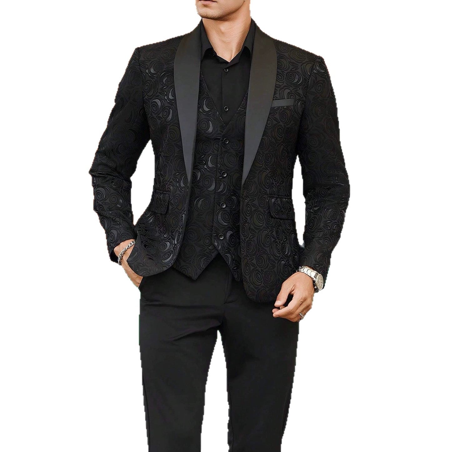 Mens Jacquard Formal Waistcoat Suit Three-piece Set