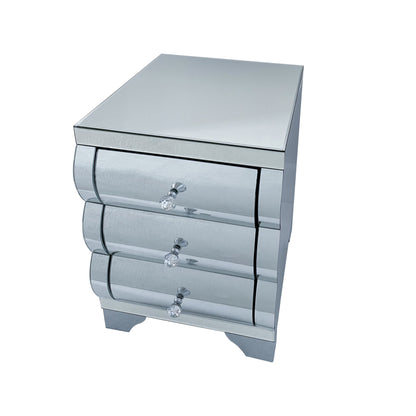 Curved Mirror Nightstand with 3-Drawer Glass Bedside Table, Silver, Bedroom
