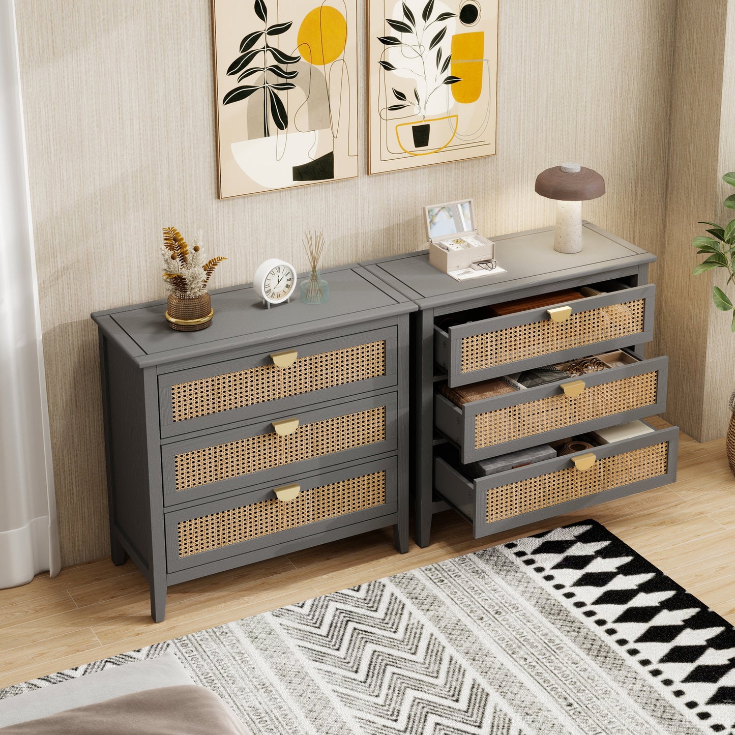 3-Drawer Cabinet - Natural Rattan - Suitable for Bedroom, Living Room, or Study