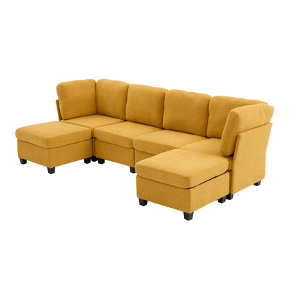 Sectional Sofa U-Shape 6 Seat Mustard Yellow Storage Ottoman