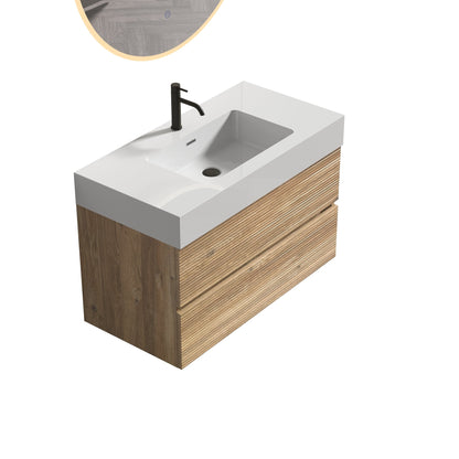 36'  Rough Oak+Rough Oak Bathroom Vanity with White Engineered Quartz Sink an...