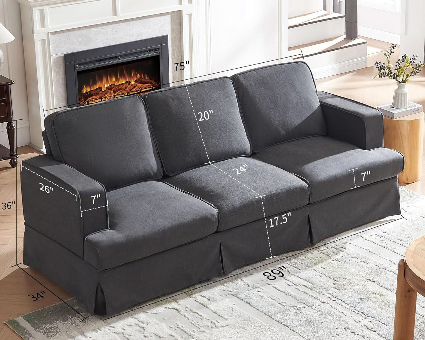 89 Inch Slipcovered Linen Grey Sofa 3 Seater Couch