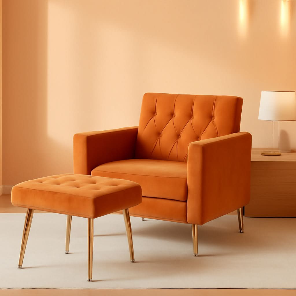 Orange Velvet Accent Chair With Adjustable Armrests And Backrest