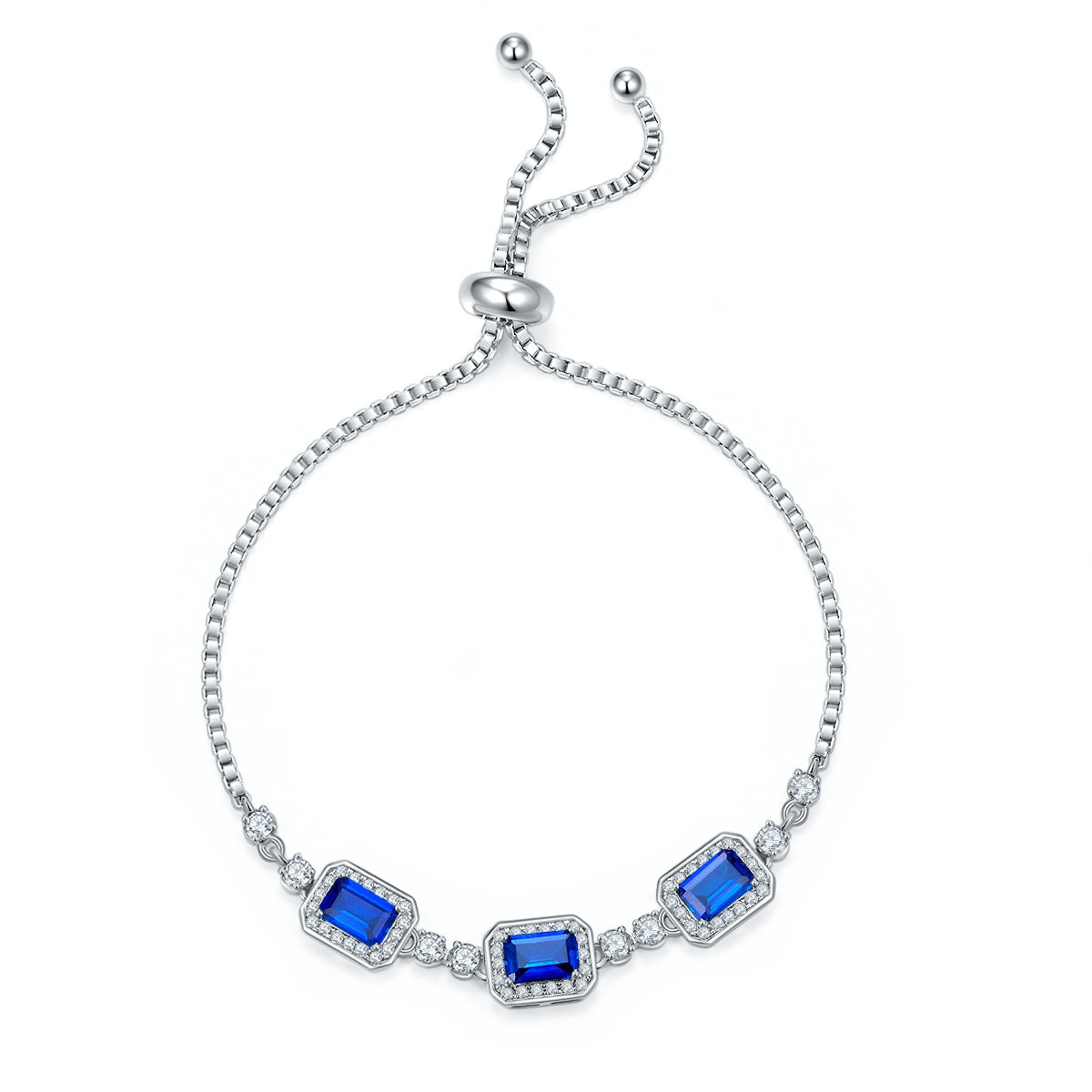 S925 Sterling Silver Adjustable Bolo Bracelet, 6x4mm 3-Stone Lab-Grown Emerald Sapphire Halo, 21cm Platinum Plated 6.2g Women's Jewelry Gift Box