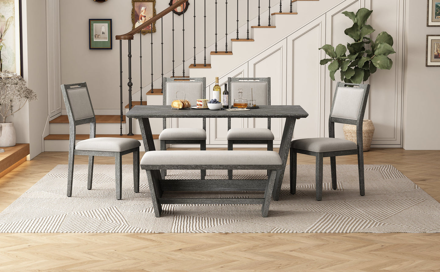 6-Piece Retro Dining Table Set for 6, 60' Wood Kitchen Table and Chairs Set of
