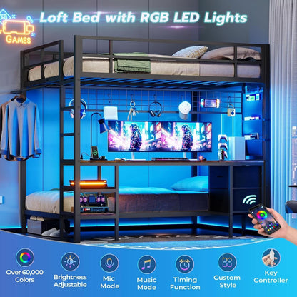 Black Full Over Twin Metal Bunk Bed With Desk LED Lights