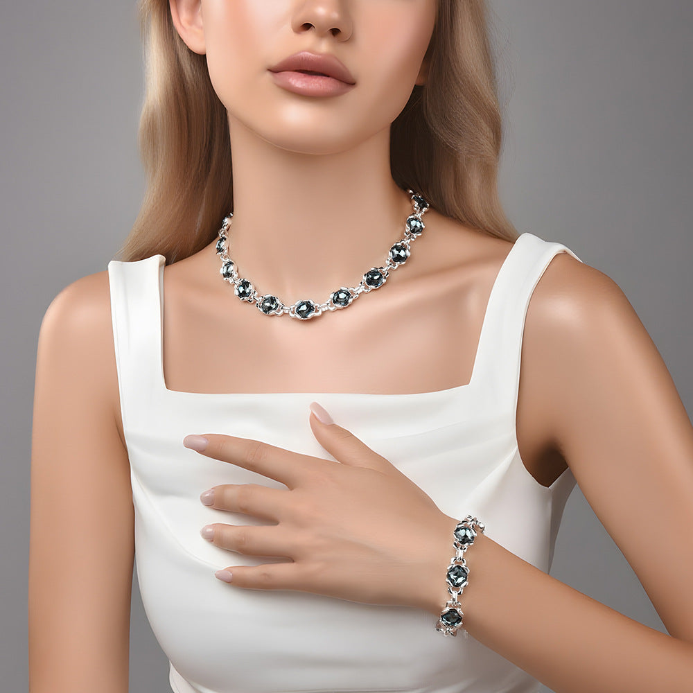 Grey Oval Cubic Zirconia Matching Jewelry Set For Women, Silver Choker Necklace & Bracelet 2Pcs Elegant Wedding Party Fashion Jewelry