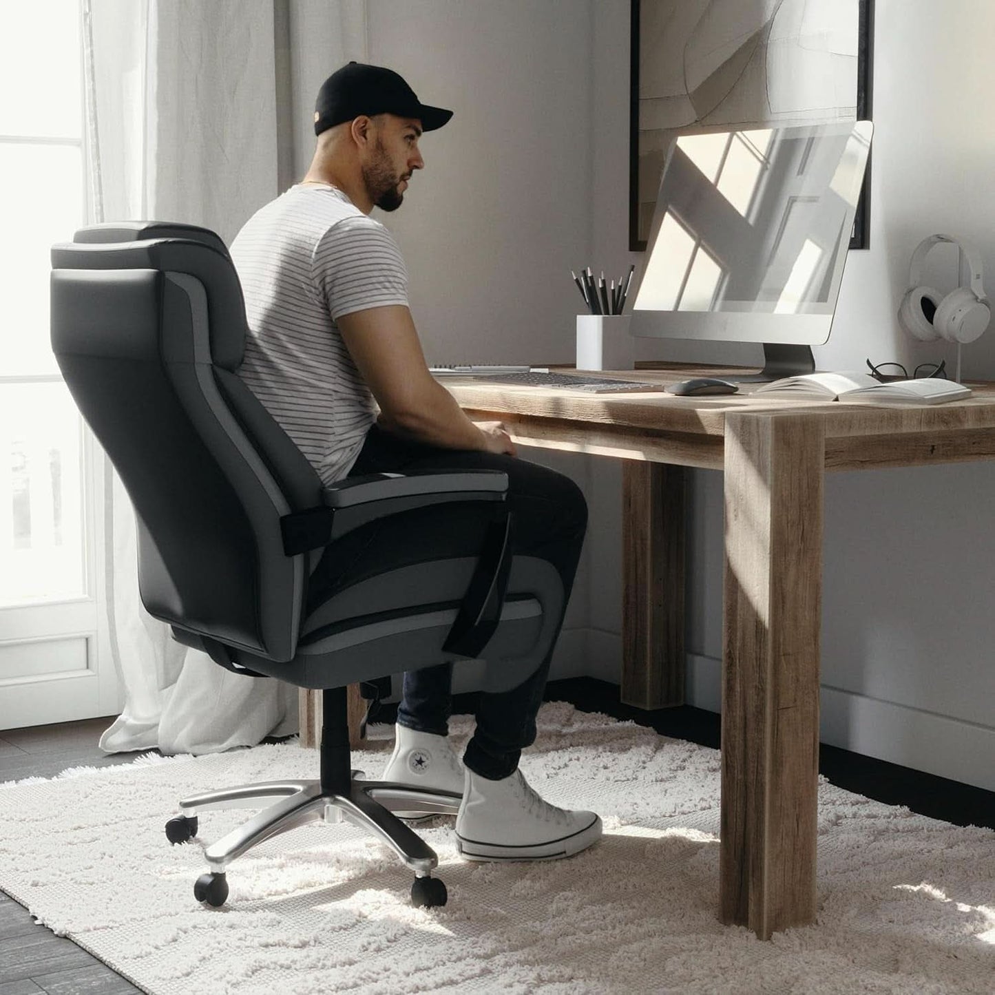 High-Back Headrest Ergonomic Office Chair Black LeatherSoft