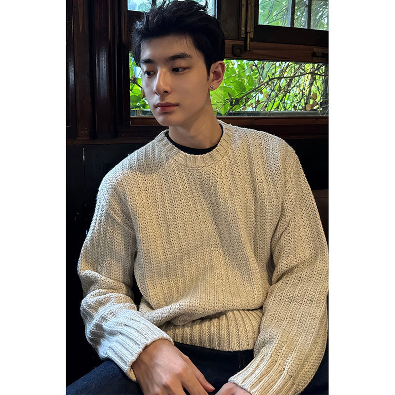 Mens Long-Sleeve T-Shirt American-Style Retro Heavy-Weight Knitted Hooded Sweater