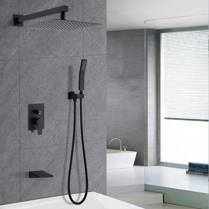 Matte Black All Metal Tub Shower Faucet Set with 12in Rain Shower Head, Wall