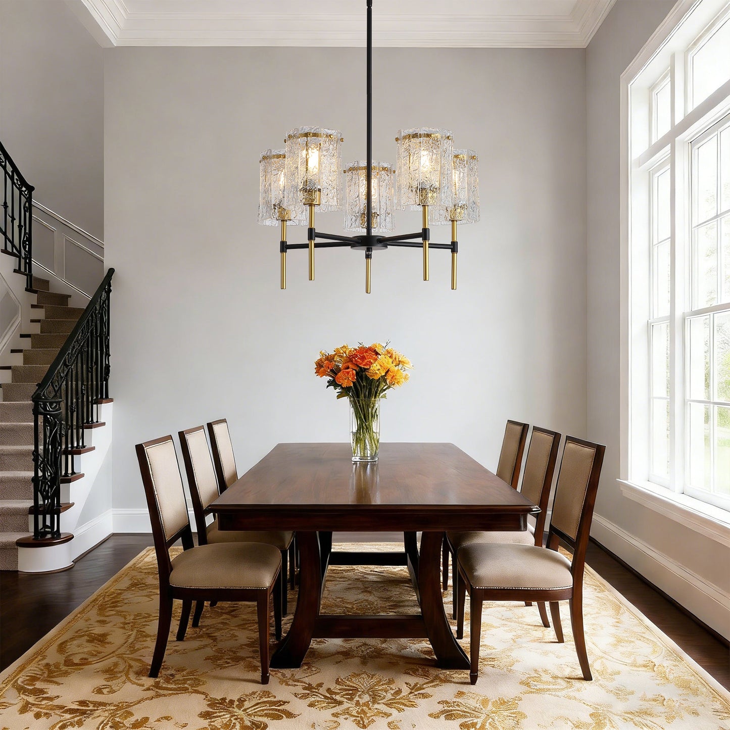 Chandelier 5-Light Black Gold Farmhouse Textured Glass Pendant Modern