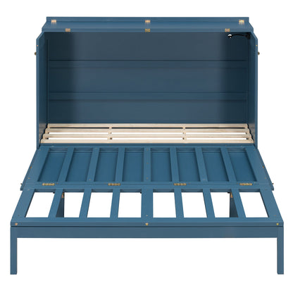 Queen Size Murphy Bed Wall Bed with Drawer and Sockets and USB Ports, Navy Blue