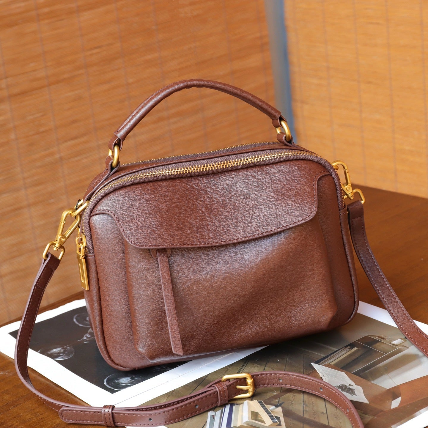 Simple Top-Grain Leather Women's Bag, Commuter Versatile Small Square Bag, Large Capacity Shoulder Bag, High-End Light Luxury Handbag