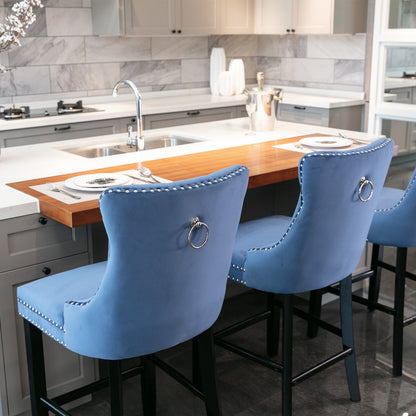 Contemporary Velvet Upholstered Barstools Button Tufted with Wooden Legs Set of 2, Blue