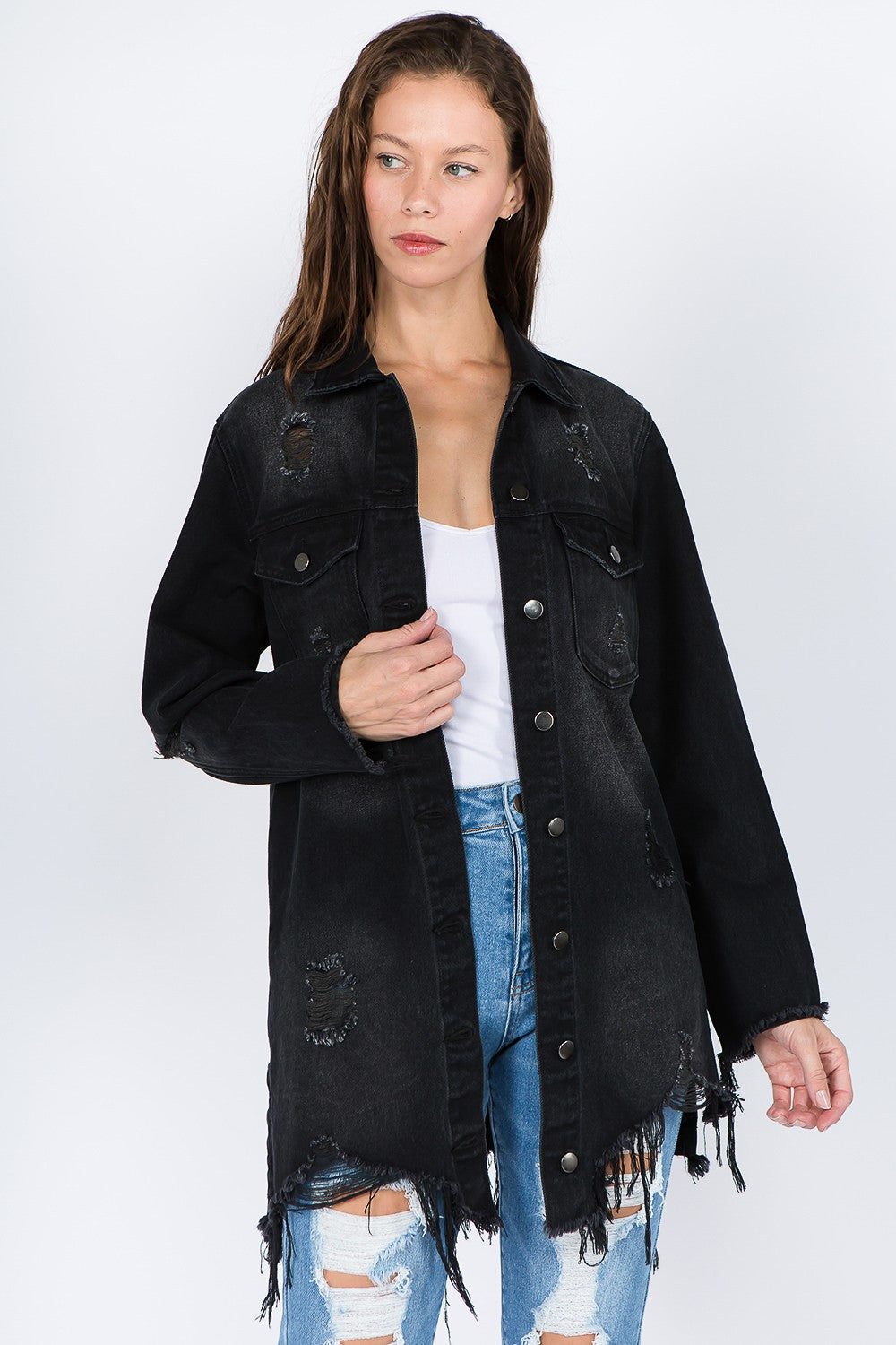 Women's Distressed Denim Jacket with Frayed Hem