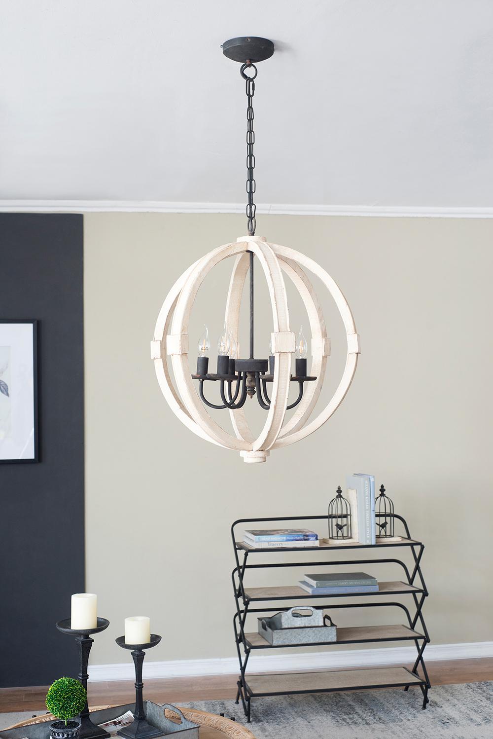 Chandelier Antique Cream 6-Light Pine Wood Iron 22.5 In 26 In