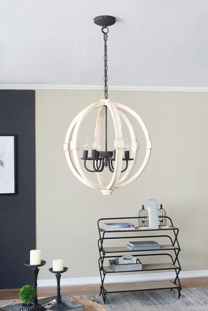 Chandelier Antique Cream 6-Light Pine Wood Iron 22.5 In 26 In