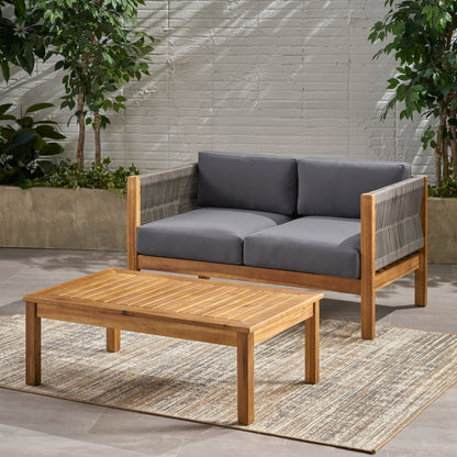 Outdoor Loveseat Set Acacia Wood Rattan Rope Teak Cushion 2 Piece