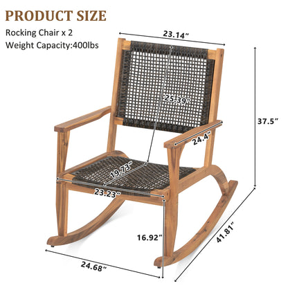 Outdoor Rocking Chair Acacia Wood Wicker Dark Brown Set 2