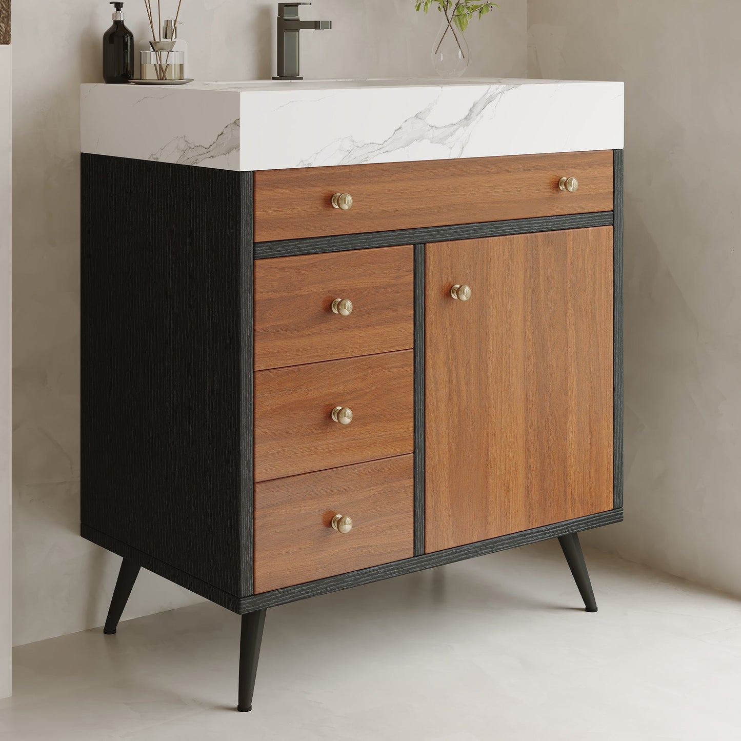 Modern Free-Standing Bathroom Vanity with Ceramic Sink & Sintered Stone Top