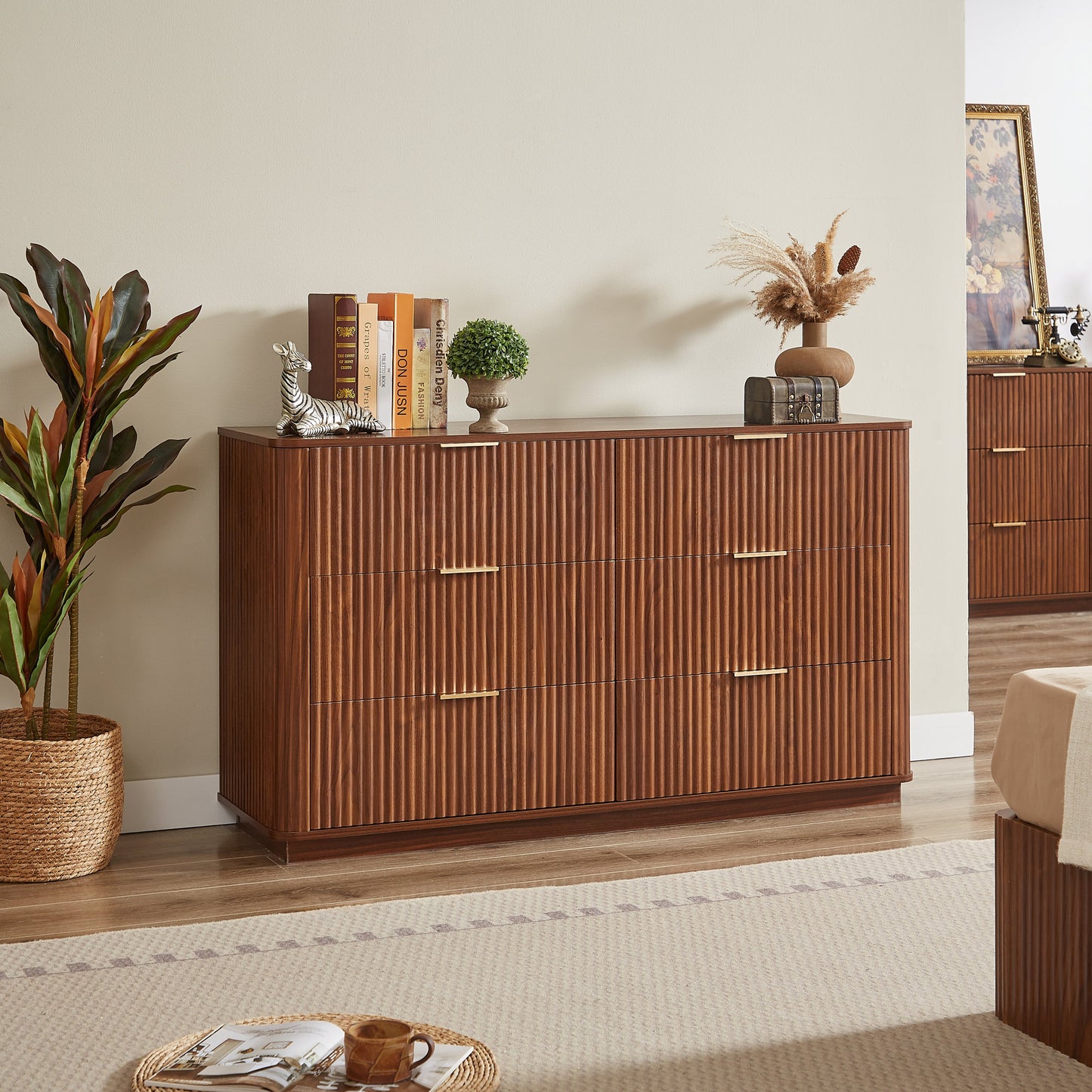 Dresser Modern 6-Drawer Walnut MDF Wave Texture 55.1x15.75x31.5 In 150 LB