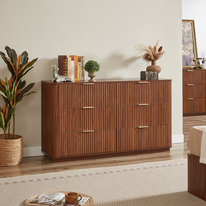 Dresser Modern 6-Drawer Walnut MDF Wave Texture 55.1x15.75x31.5 In 150 LB