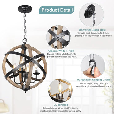 Chandelier Farmhouse 4-Light Rustic Wood Adjustable Kitchen Living