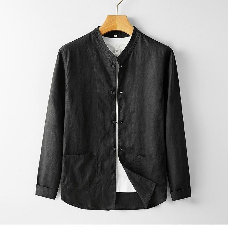 Mens Retro Chinese Style StandUp Collar LongSleeve Shirt