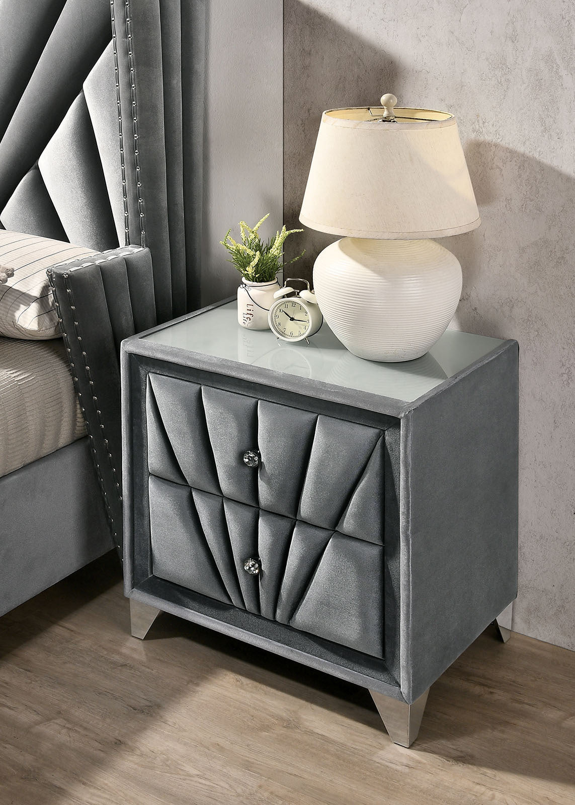 Gray Fabric Upholstered Nightstand, Chrome Legs, Bedroom Bedside Table