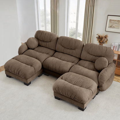 Sectional Sofa Modular Chenille Brown 3 Seat 2 Ottomans Pleated Backrest