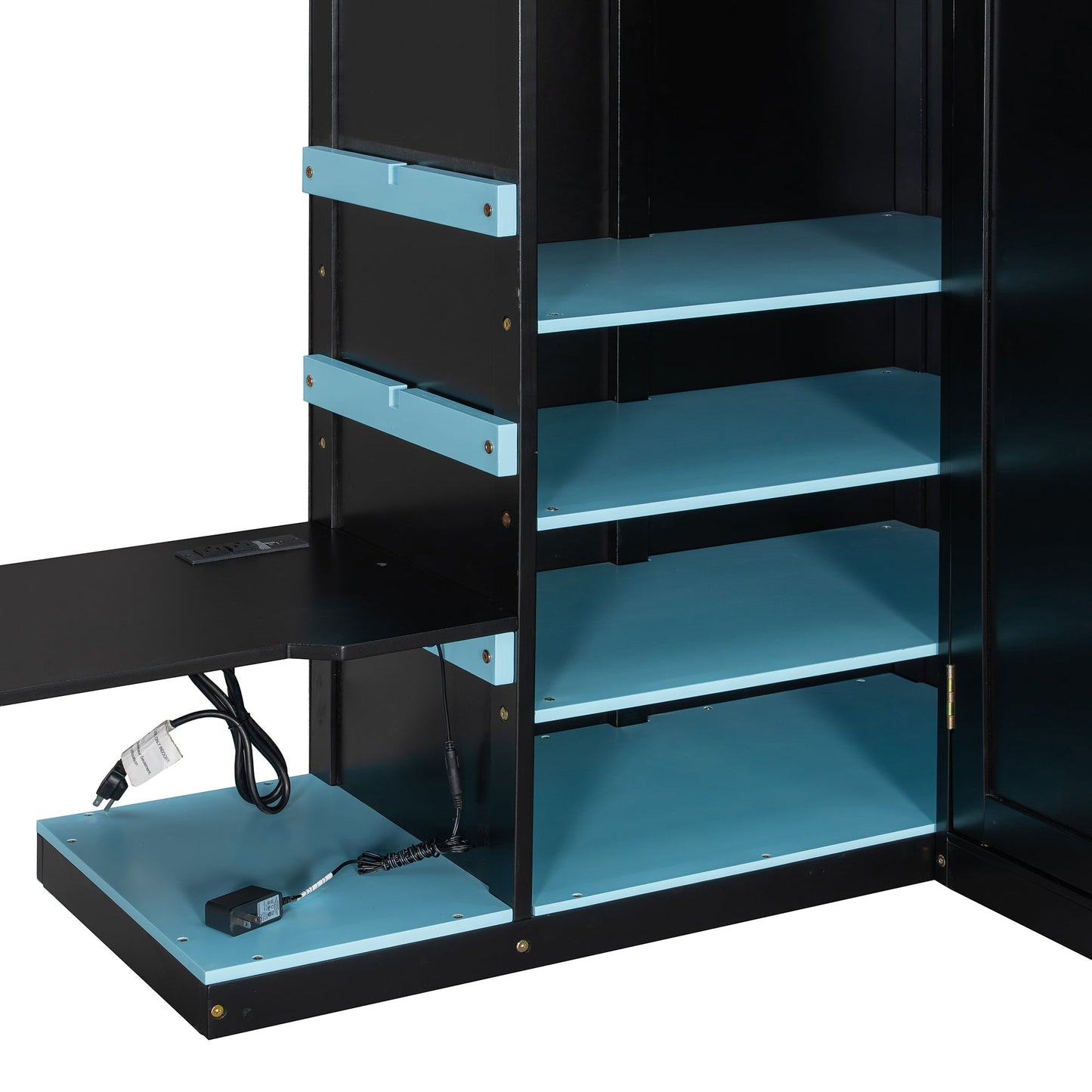 Full Size Wood Loft Bed with Desk, Multi-storage Shelves, USB and RGB Light